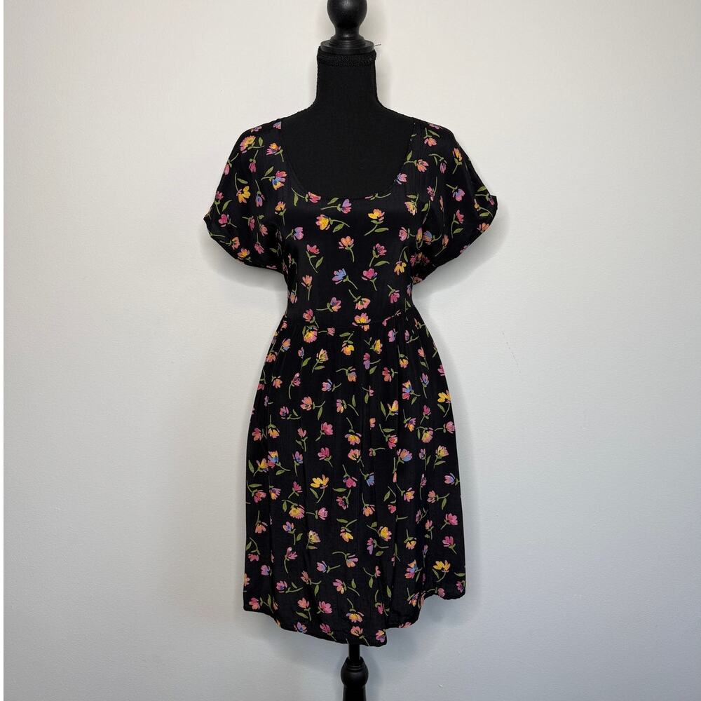Vintage 90s Floral Mini Dress Black Ditsy Print Rayon Cottagecore Summer L